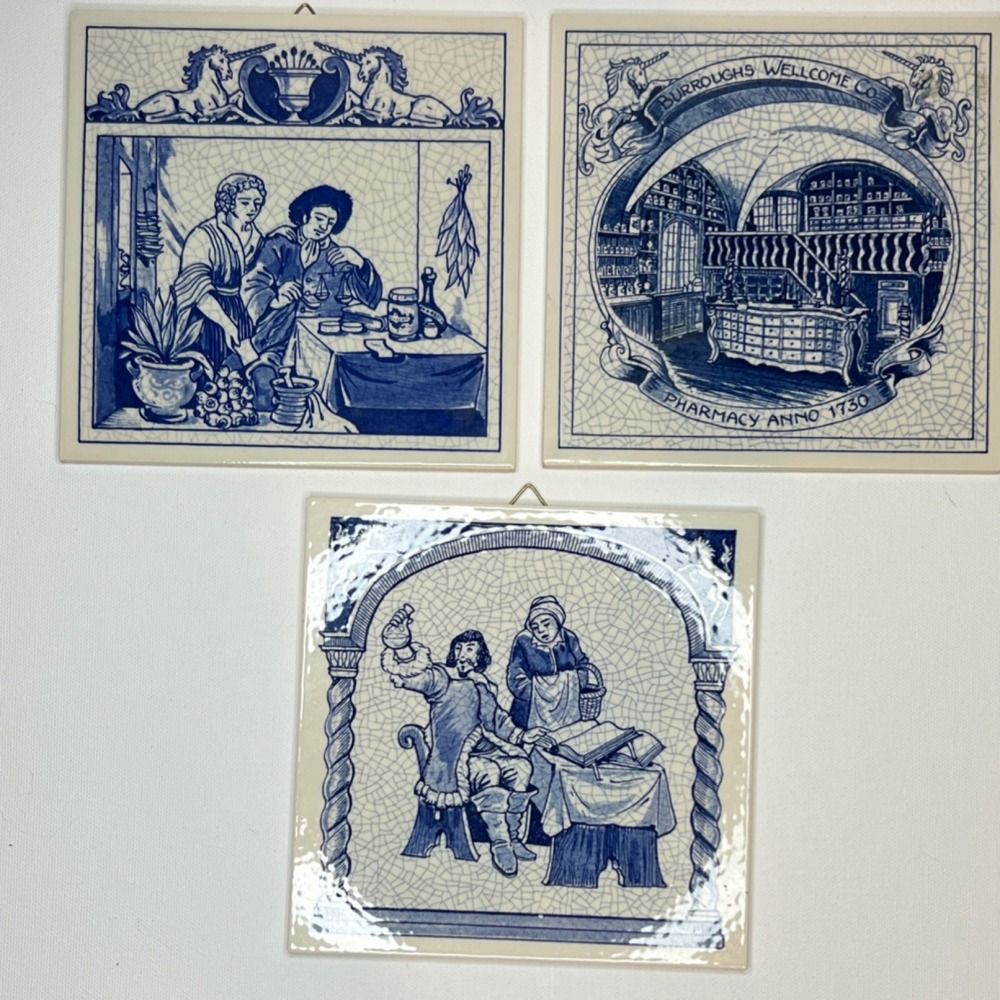 Delft Handmade Blue & White Porcelain Pharmacy Theme Tile Set of 3 (1995)